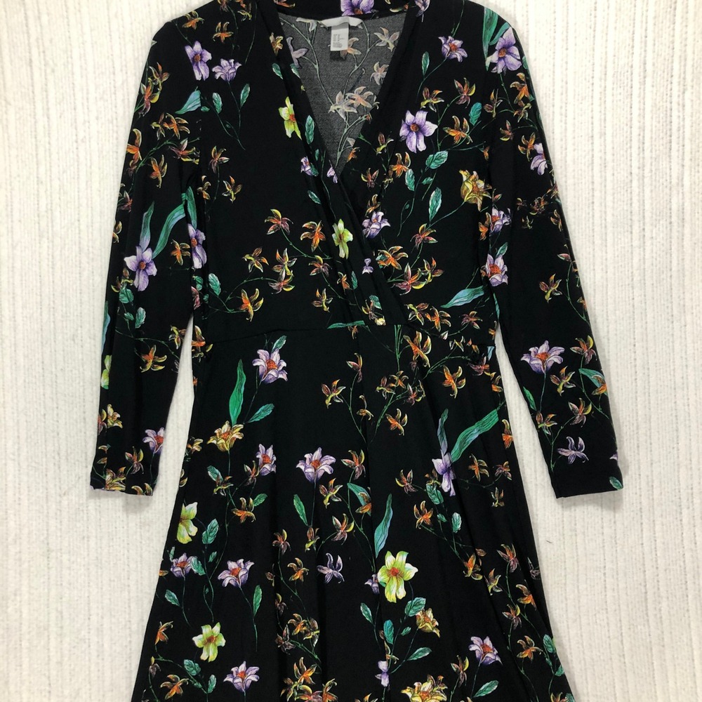 H&M Black Floral Print Long Sleeve Wrap Midi Dress Size M